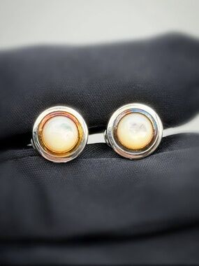 Vintage Oxidized 925 Sterling Silver & 14k Yellow Gold Moonstone Unisex Mini Cuf